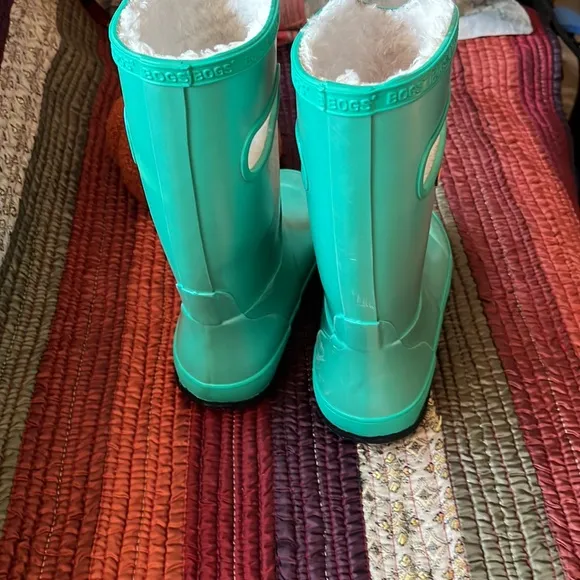 'Bogs' Kids' Rainboot Metallic Plush - Turquoise waterproof fleece lined rubber