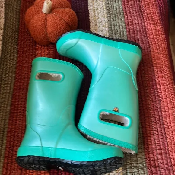 'Bogs' Kids' Rainboot Metallic Plush - Turquoise waterproof fleece lined rubber