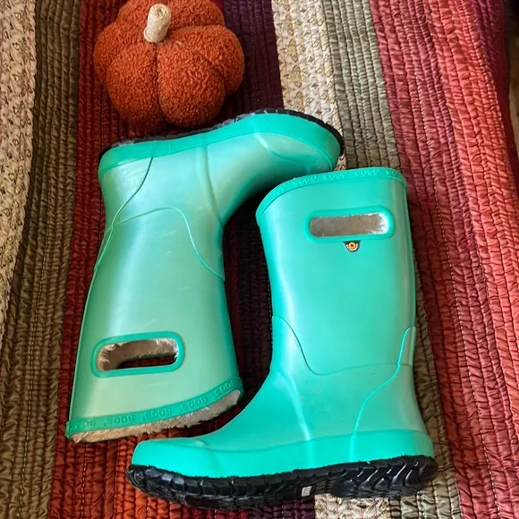 'Bogs' Kids' Rainboot Metallic Plush - Turquoise waterproof fleece lined rubber