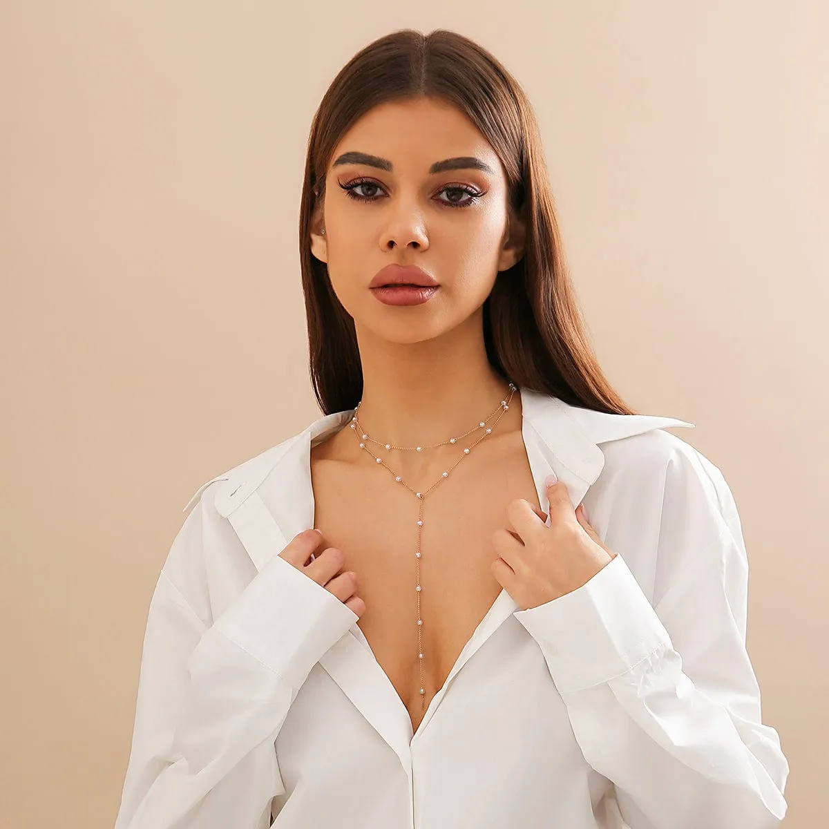 Bohemia Layered Pearl Chain Y Necklace Set
