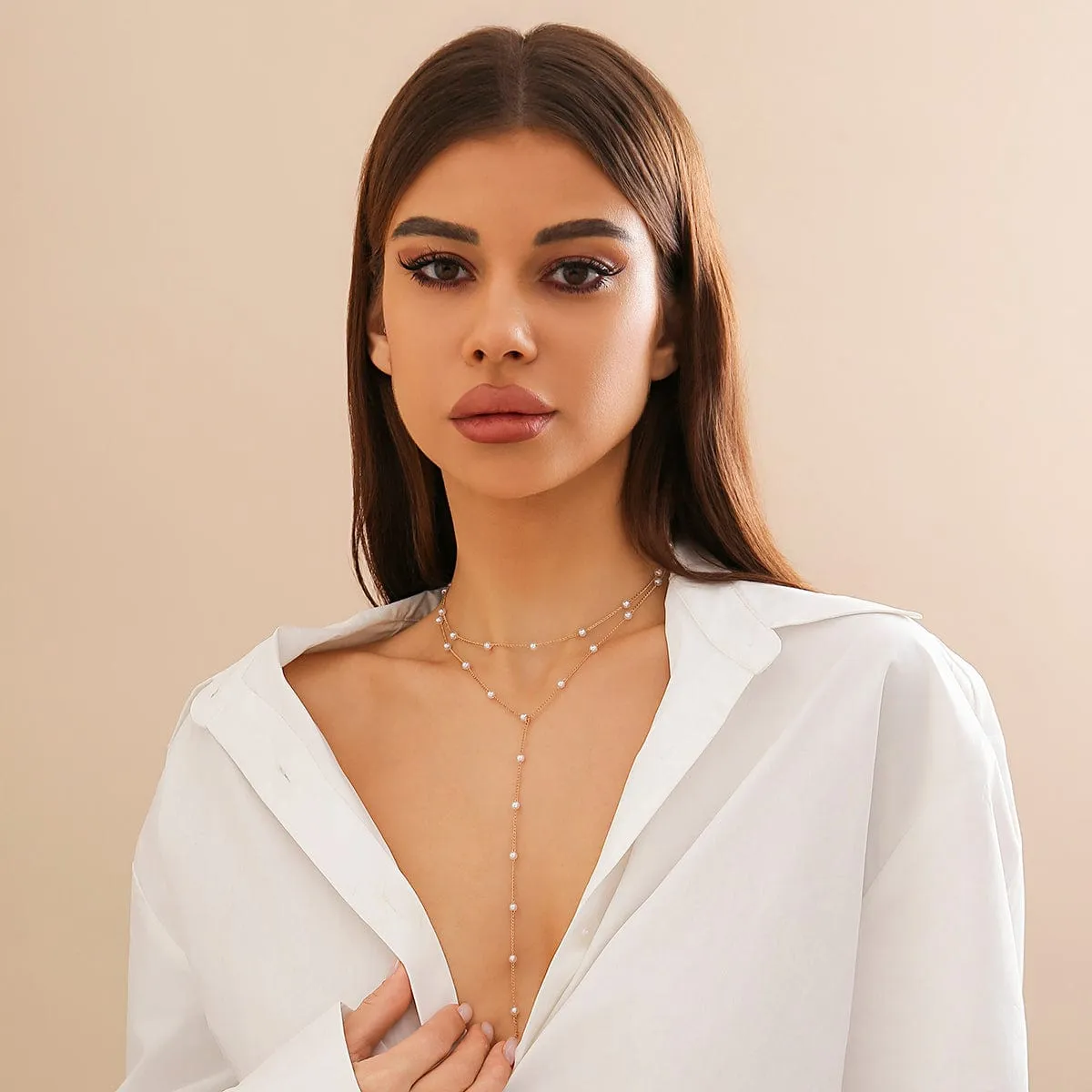 Bohemia Layered Pearl Chain Y Necklace Set