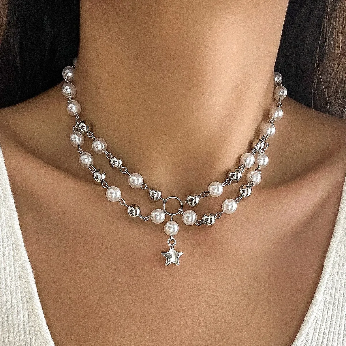 Bohemia Layered Star Pendant Two Tone Pearl Chain Necklace