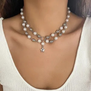 Bohemia Layered Star Pendant Two Tone Pearl Chain Necklace