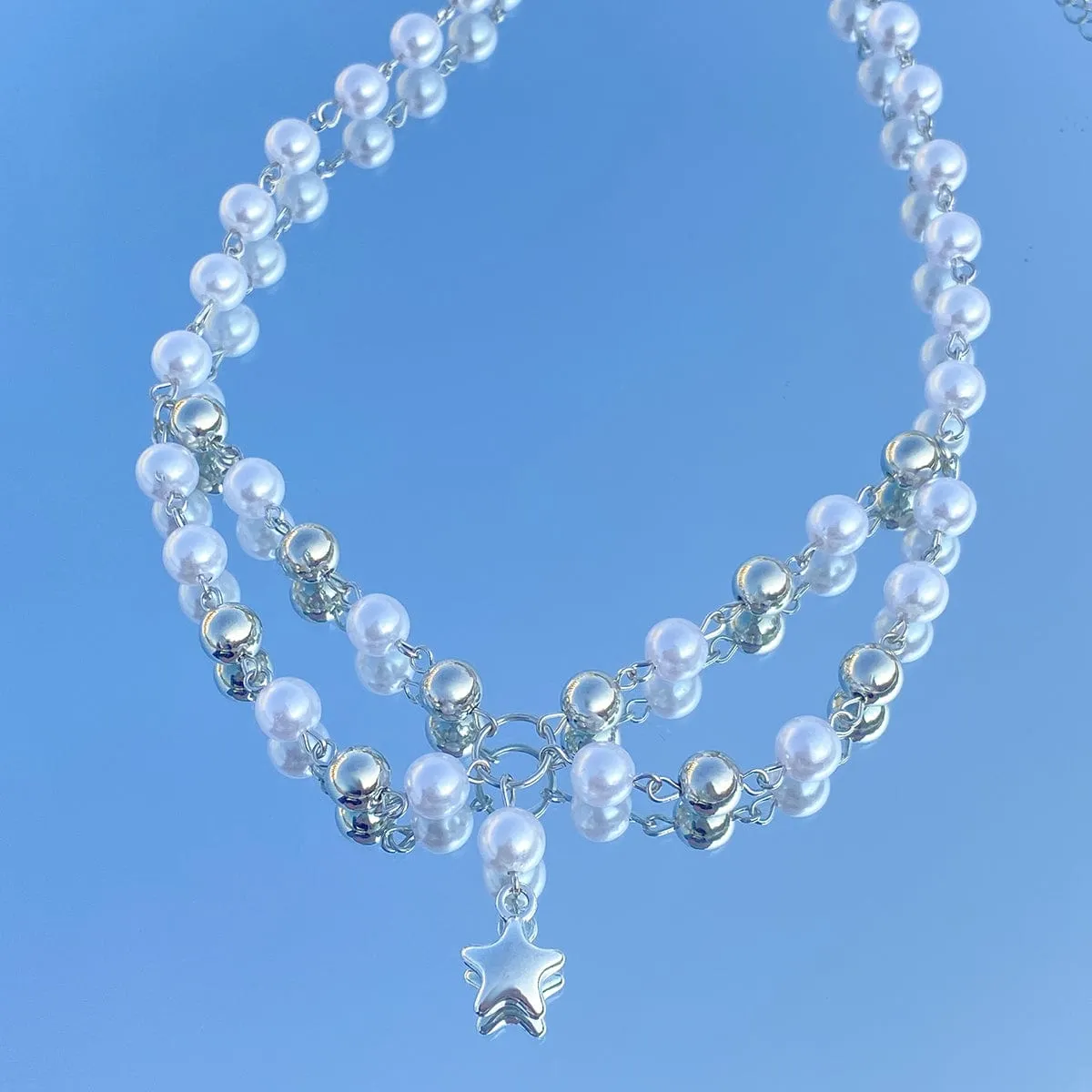 Bohemia Layered Star Pendant Two Tone Pearl Chain Necklace