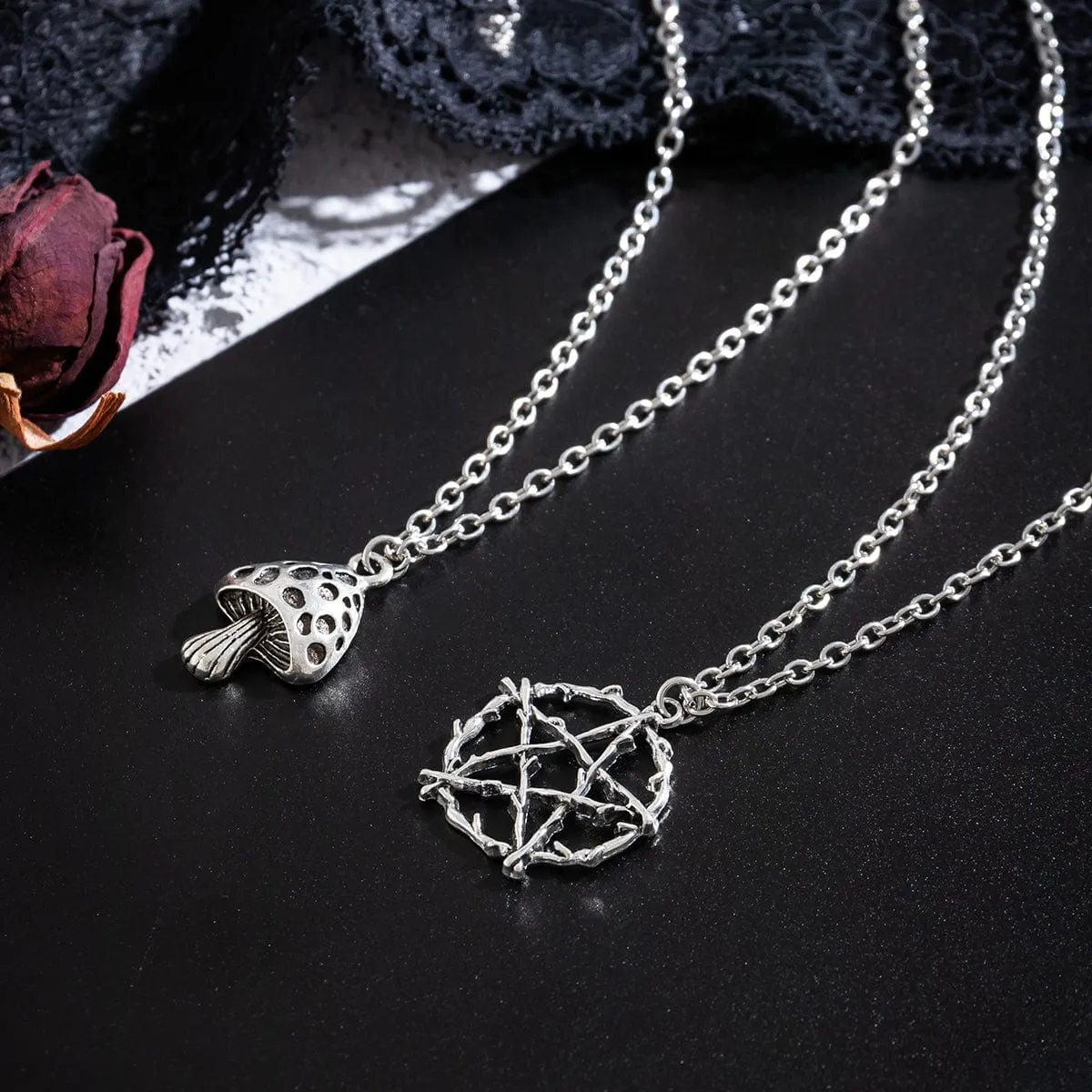 Boho Antique Mushroom Pentagram Pendant Chain Necklace Set