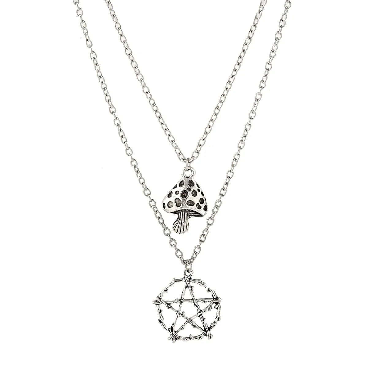 Boho Antique Mushroom Pentagram Pendant Chain Necklace Set