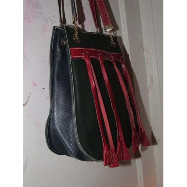 Bottega Veneta Vintage Pursesdesigner Purses Textured Blue Leather With Red Leather Accents Satchel