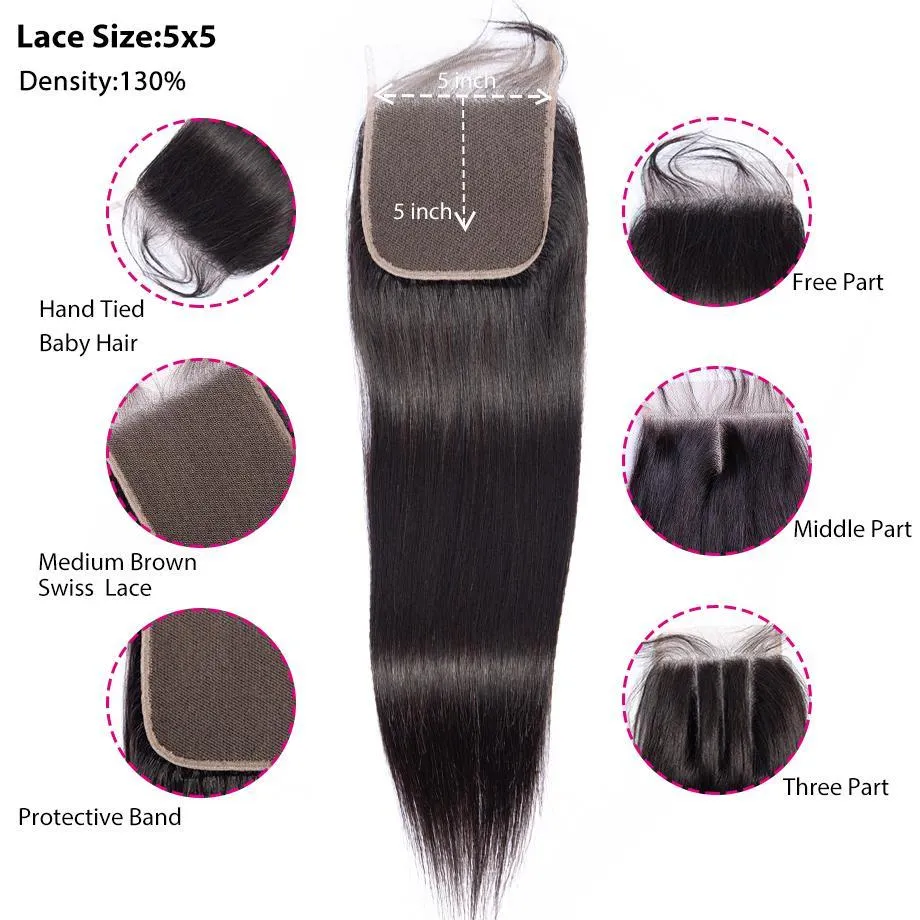 Brazilian Straight Bundles With 5×5 Closure 10A Grade 100% Human Remy Hair MYLOCKME