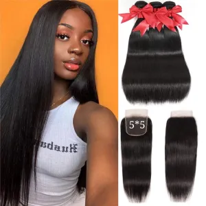 Brazilian Straight Bundles With 5×5 Closure 10A Grade 100% Human Remy Hair MYLOCKME