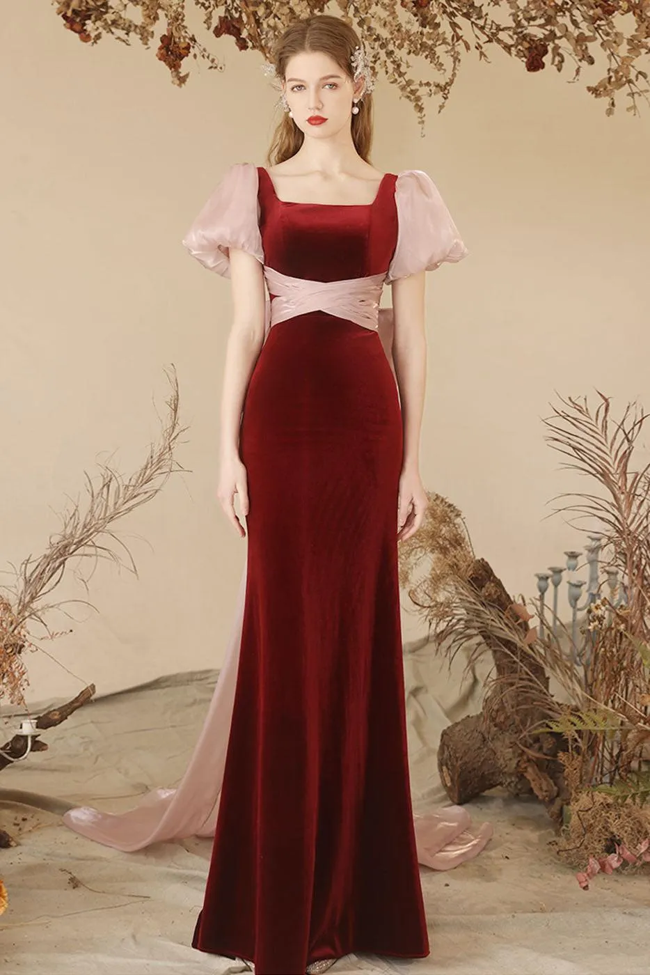 Burgundy Prom Dress Mermaid Velvet Long Formal Evening Dress