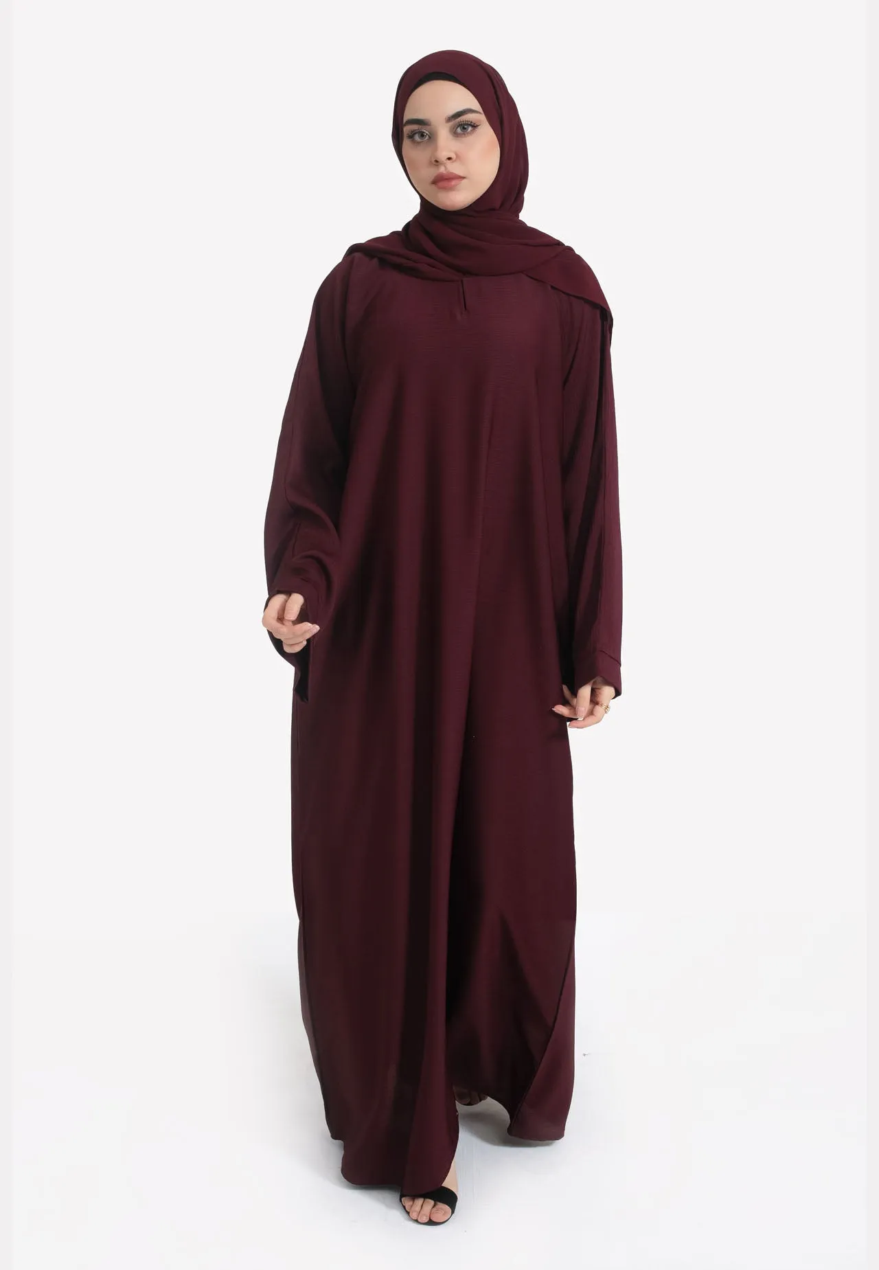Burgundy Textured Abaya With Zip Pockets