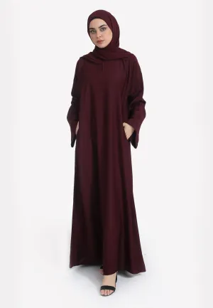 Burgundy Textured Abaya With Zip Pockets