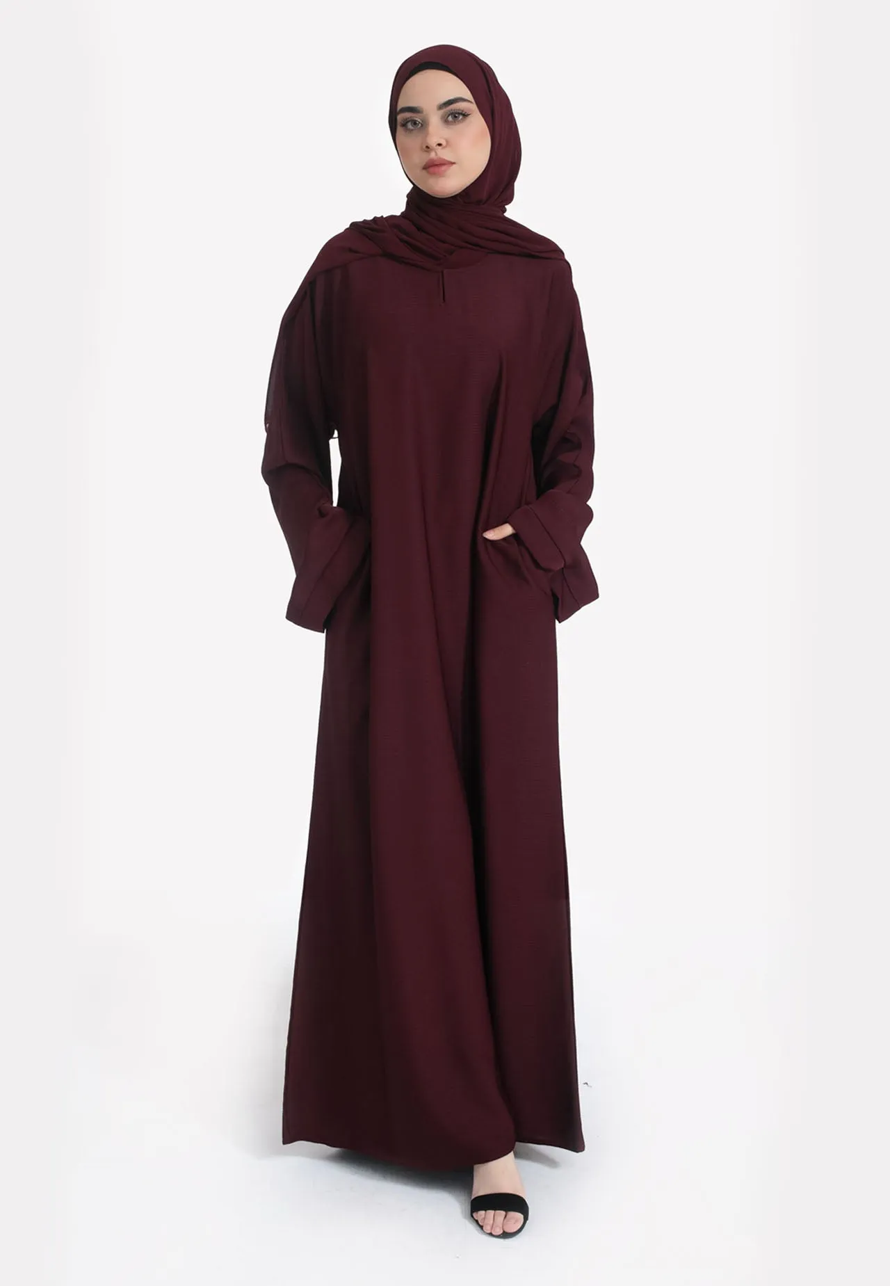 Burgundy Textured Abaya With Zip Pockets