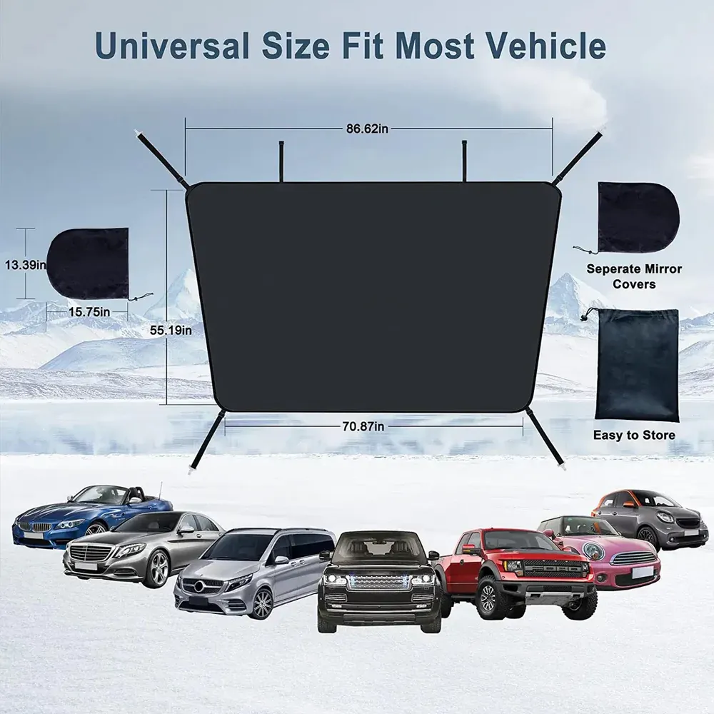 Car Windshield Snow Cover, Custom-Fit For Car, Large Windshield Cover for Ice and Snow Frost with Removable Mirror Cover Protector, Wiper Front Window Protects Windproof UV Sunshade Cover WAOV235