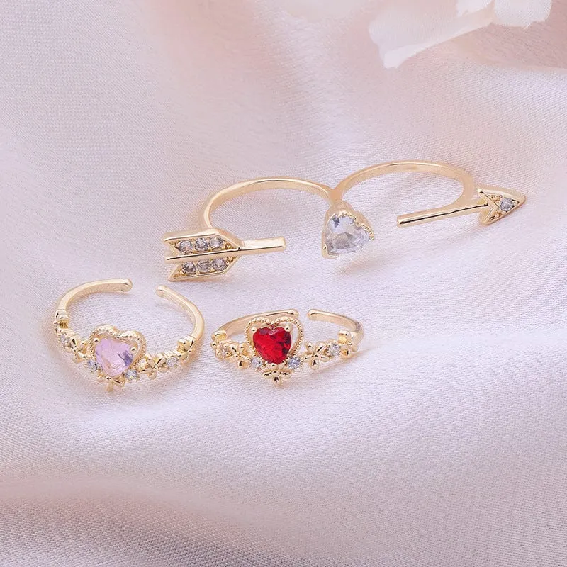 Chic CZ Inlaid Crystal Heart Arrow Of Love Double Ring Floral Ring Set