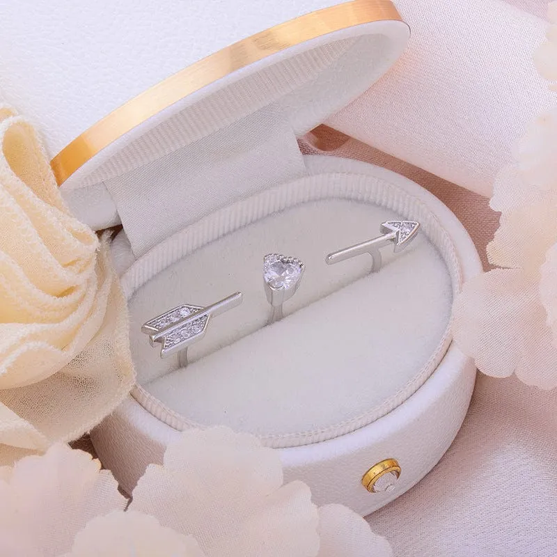 Chic CZ Inlaid Crystal Heart Arrow Of Love Double Ring Floral Ring Set