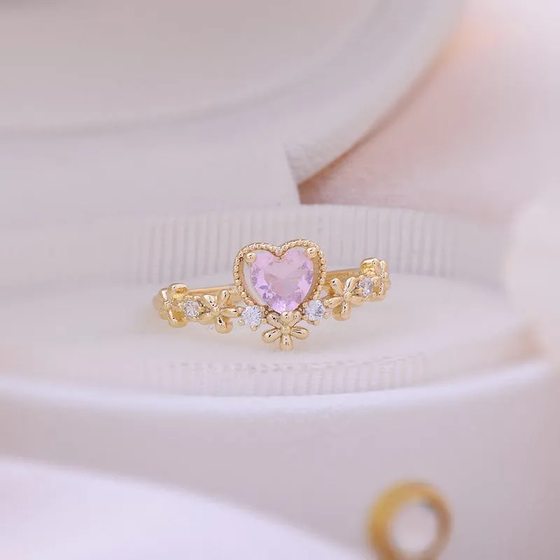 Chic CZ Inlaid Crystal Heart Arrow Of Love Double Ring Floral Ring Set