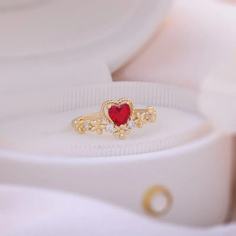 Chic CZ Inlaid Crystal Heart Arrow Of Love Double Ring Floral Ring Set