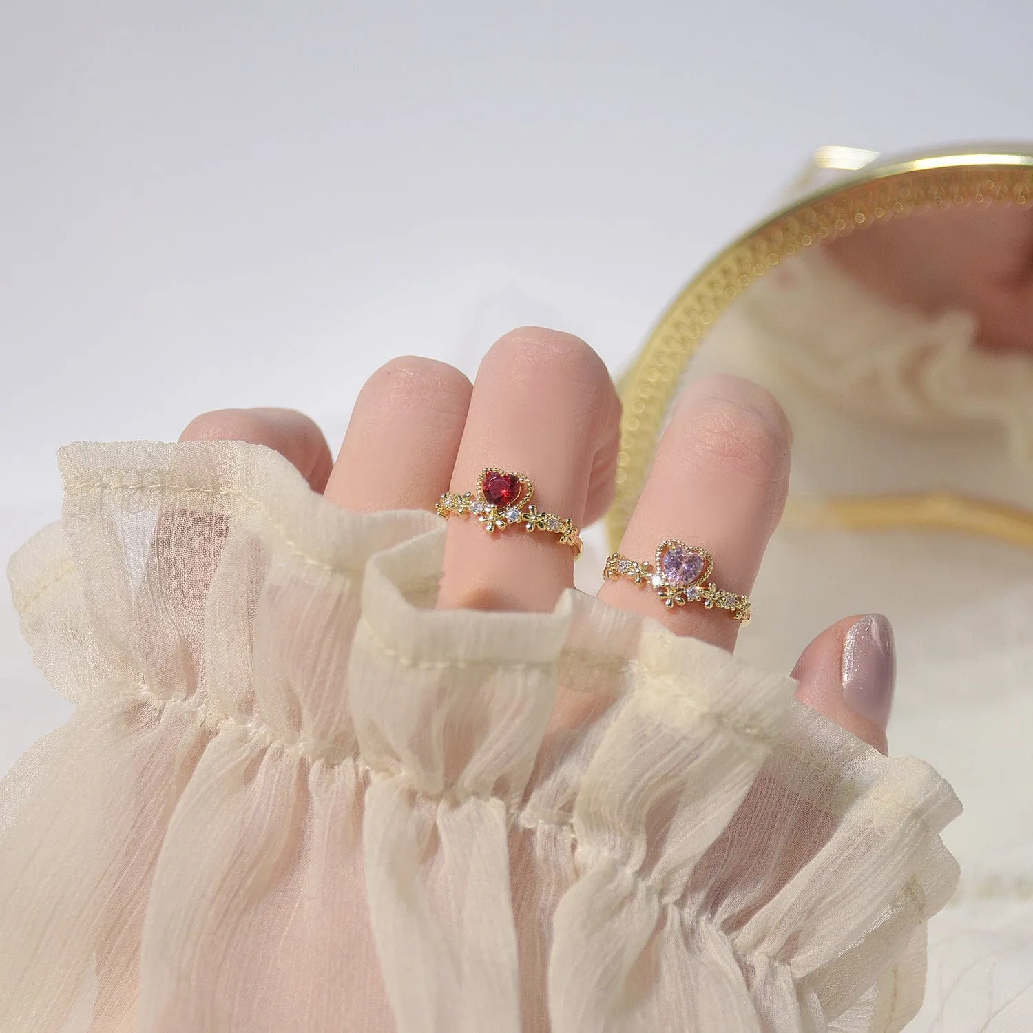 Chic CZ Inlaid Crystal Heart Arrow Of Love Double Ring Floral Ring Set