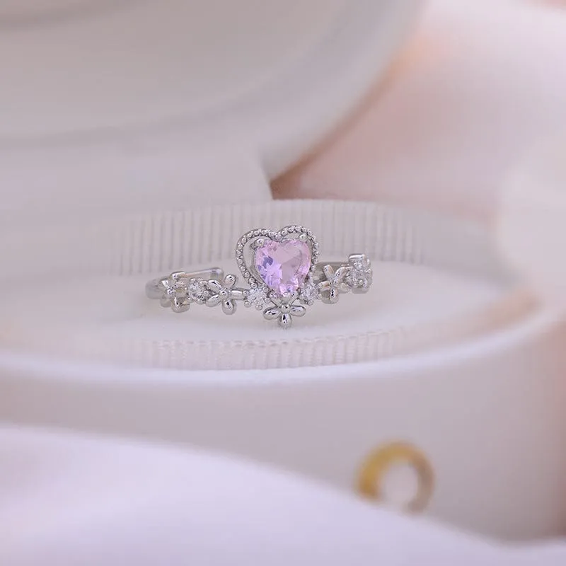 Chic CZ Inlaid Crystal Heart Arrow Of Love Double Ring Floral Ring Set