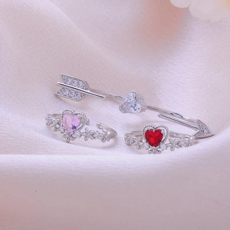Chic CZ Inlaid Crystal Heart Arrow Of Love Double Ring Floral Ring Set