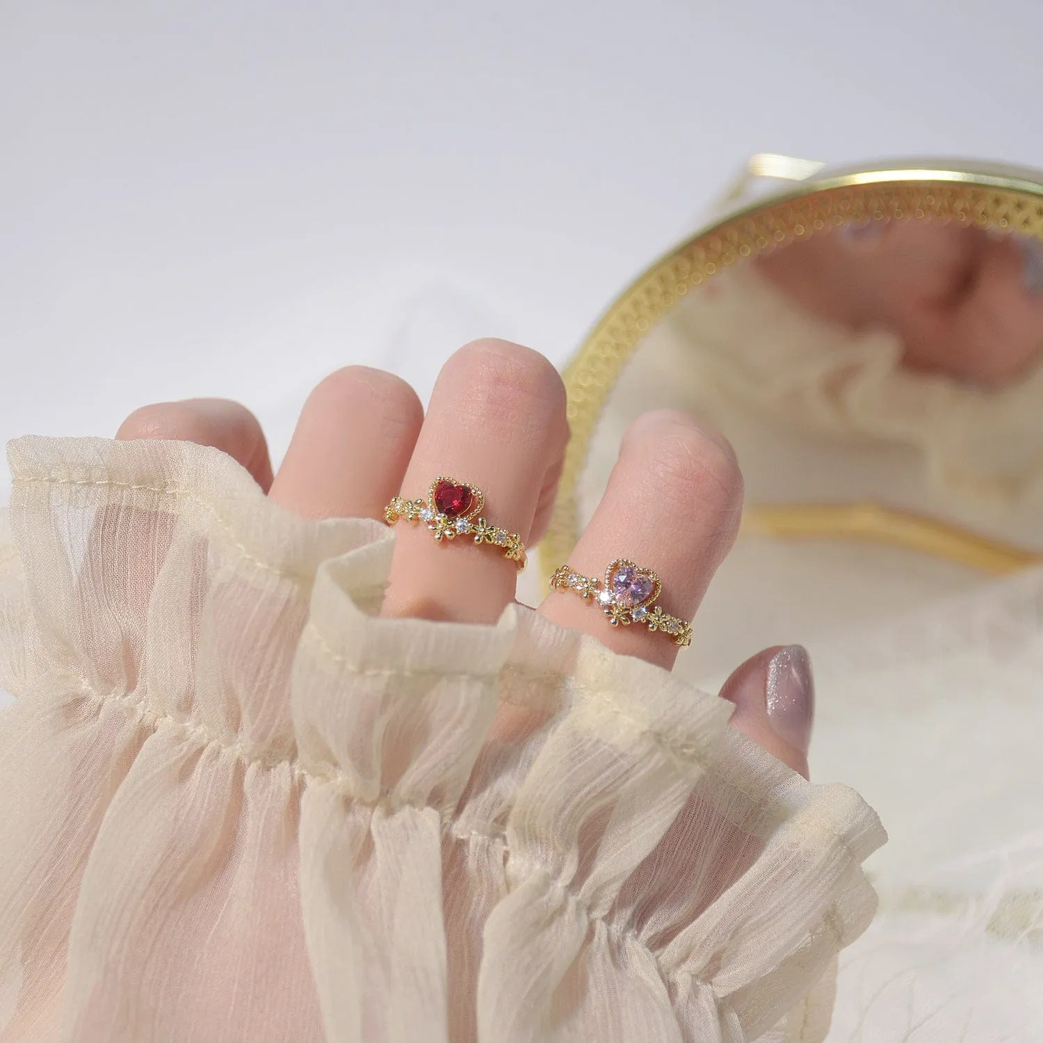 Chic CZ Inlaid Crystal Heart Arrow Of Love Double Ring Floral Ring Set
