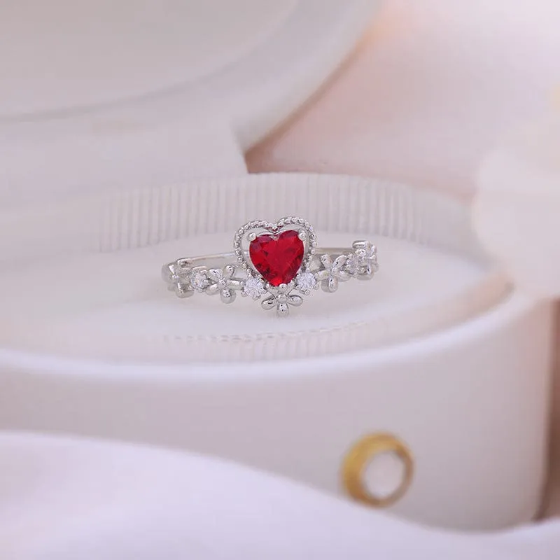Chic CZ Inlaid Crystal Heart Arrow Of Love Double Ring Floral Ring Set