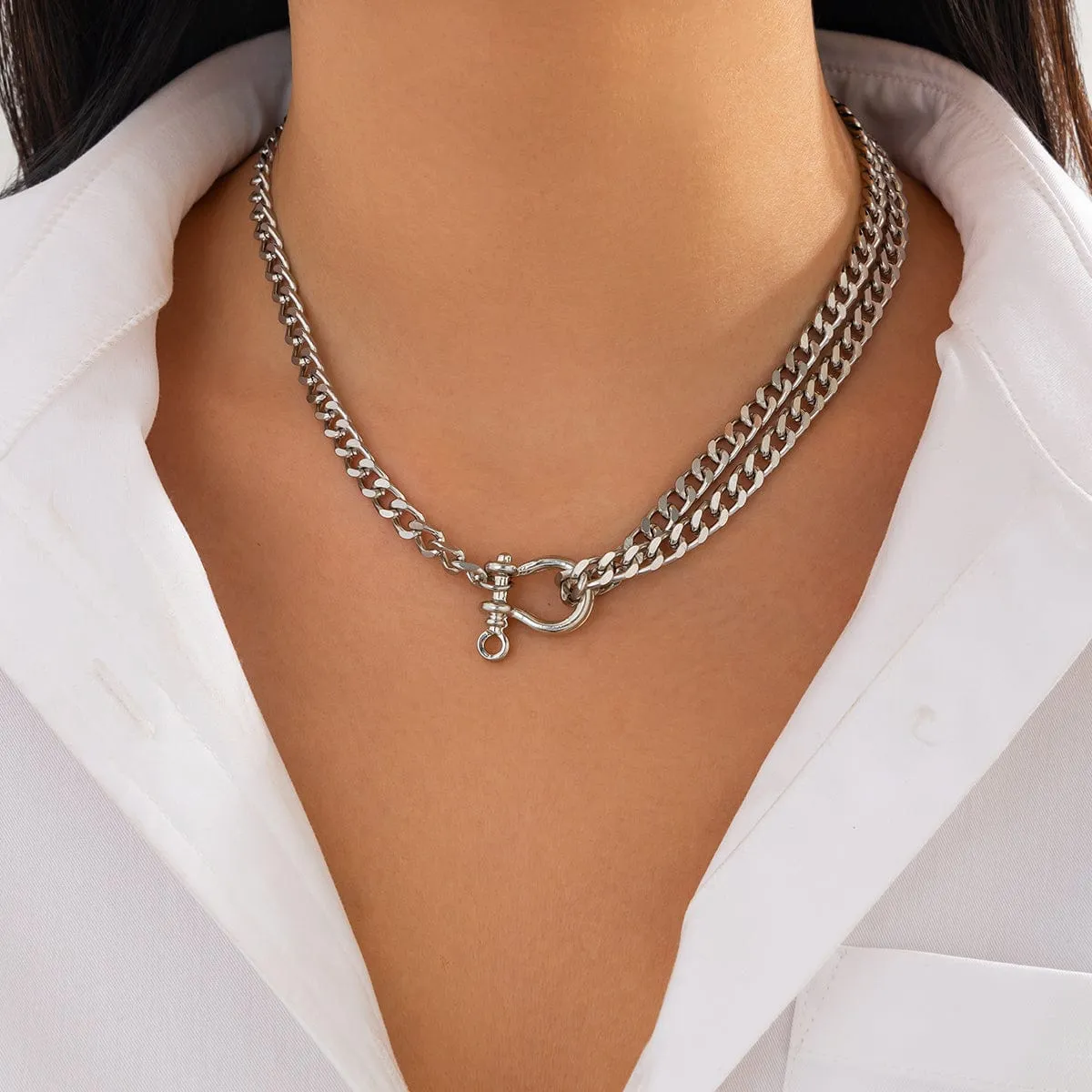 Classic Layered Horseshoe Charm Curb Chain Necklace