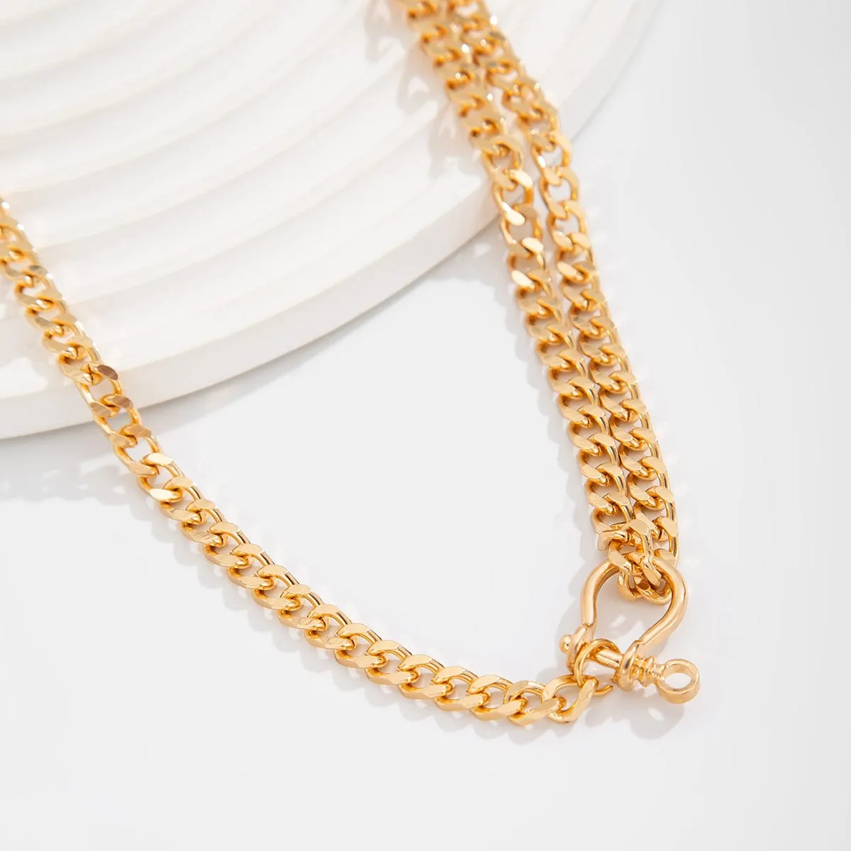 Classic Layered Horseshoe Charm Curb Chain Necklace