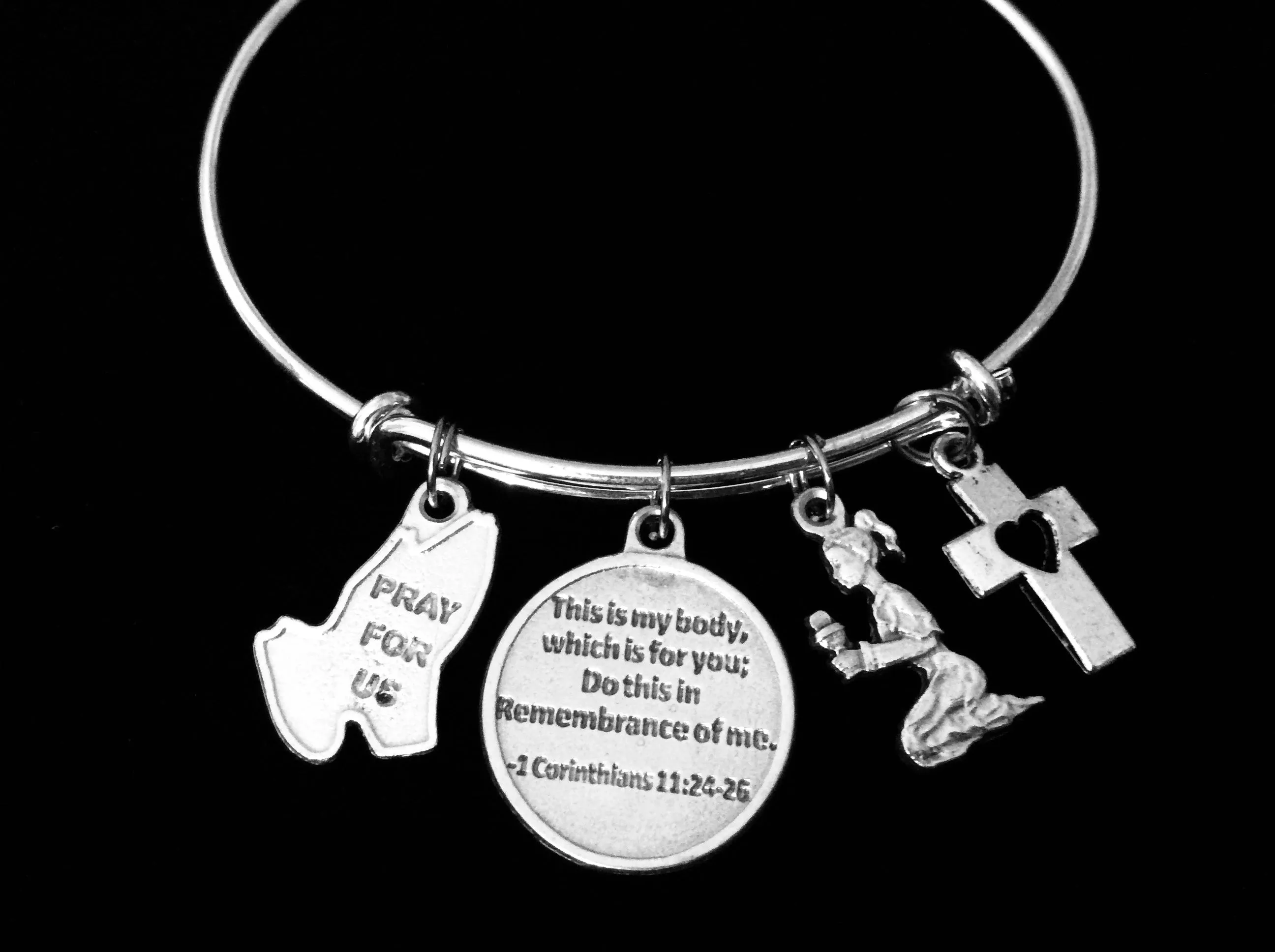 Confirmation Communion Jewelry Adjustable Bracelet Expandable Silver Bangle Trendy Chalice Cross Girl Praying Hands