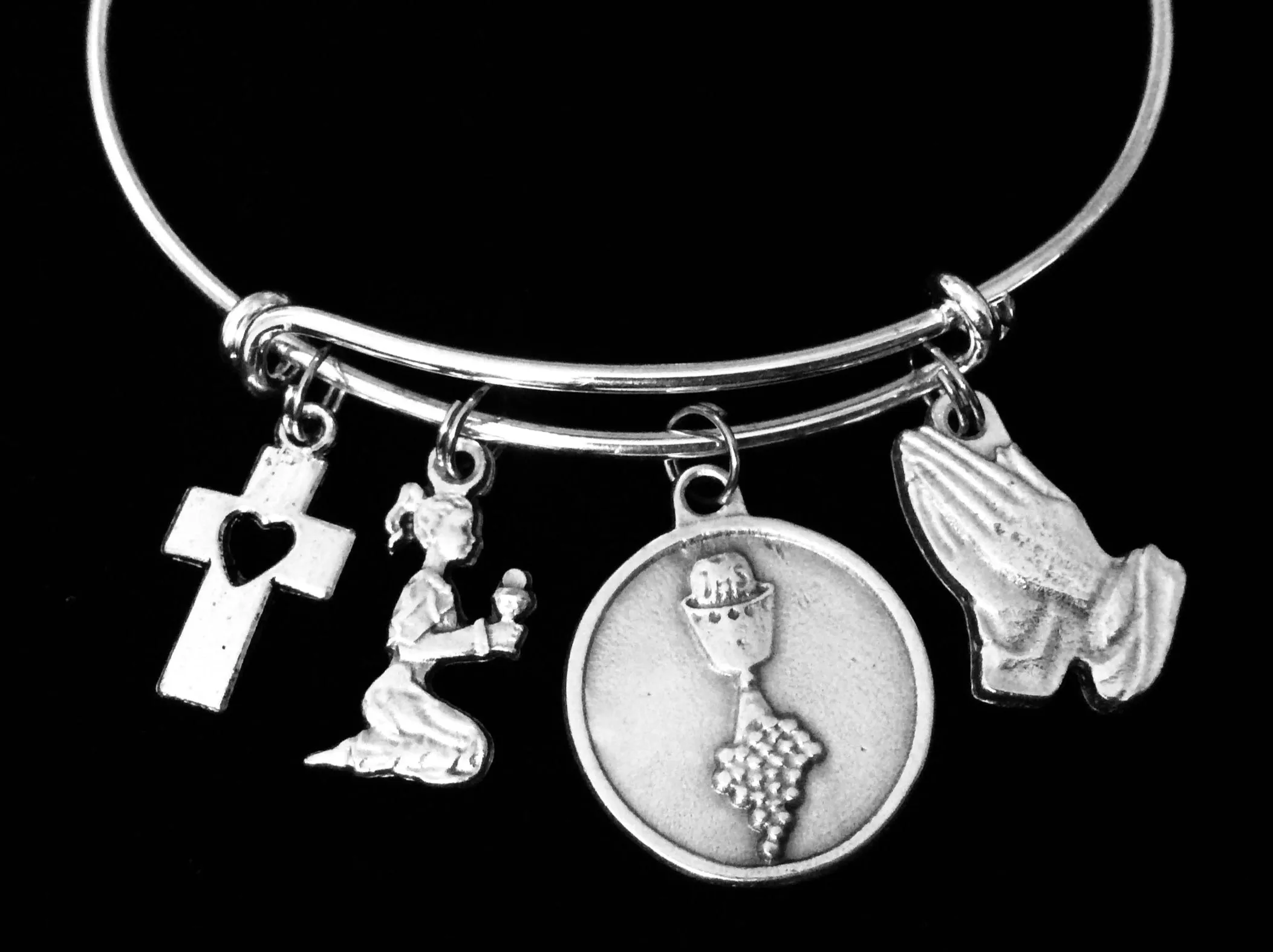 Confirmation Communion Jewelry Adjustable Bracelet Expandable Silver Bangle Trendy Chalice Cross Girl Praying Hands