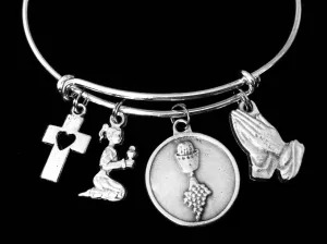 Confirmation Communion Jewelry Adjustable Bracelet Expandable Silver Bangle Trendy Chalice Cross Girl Praying Hands