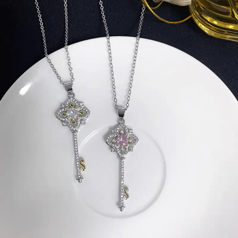 Crystal Floral Key Pendant Necklace