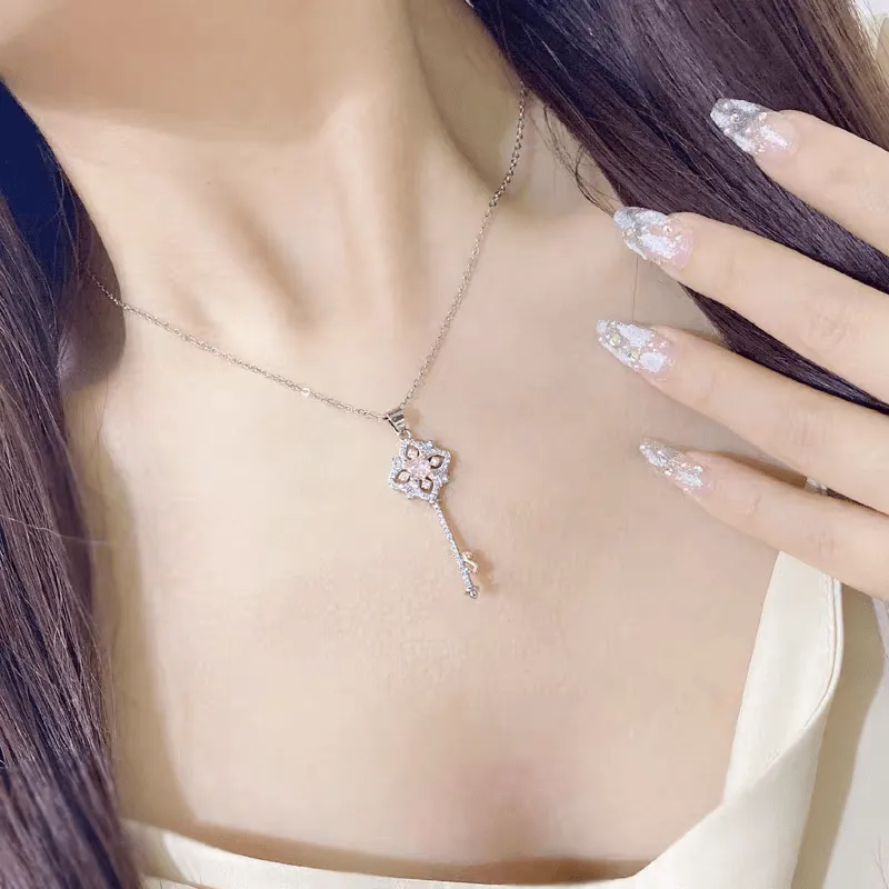 Crystal Floral Key Pendant Necklace