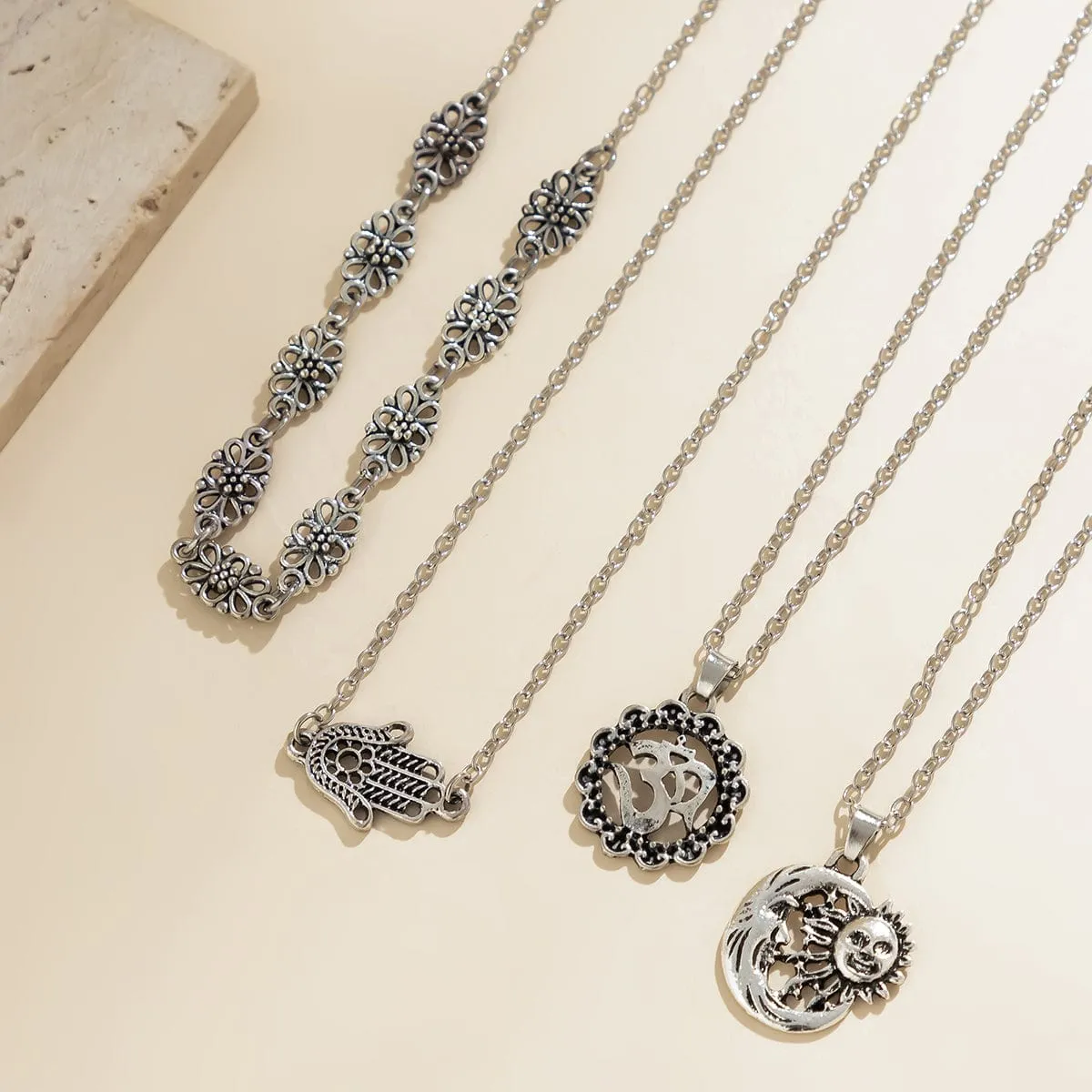Cuban Layered Special Pattern Sun Moon Hand Pendant Chain Necklace Set