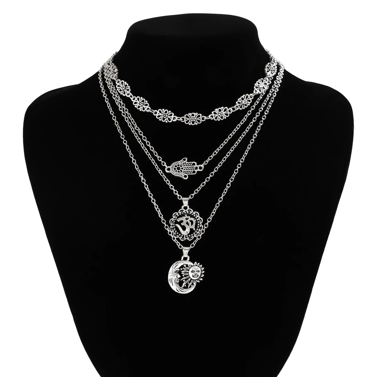 Cuban Layered Special Pattern Sun Moon Hand Pendant Chain Necklace Set