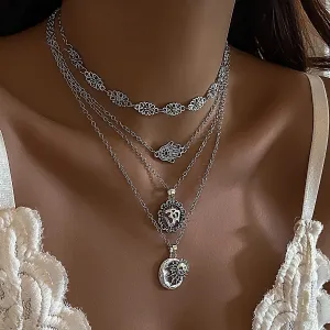 Cuban Layered Special Pattern Sun Moon Hand Pendant Chain Necklace Set