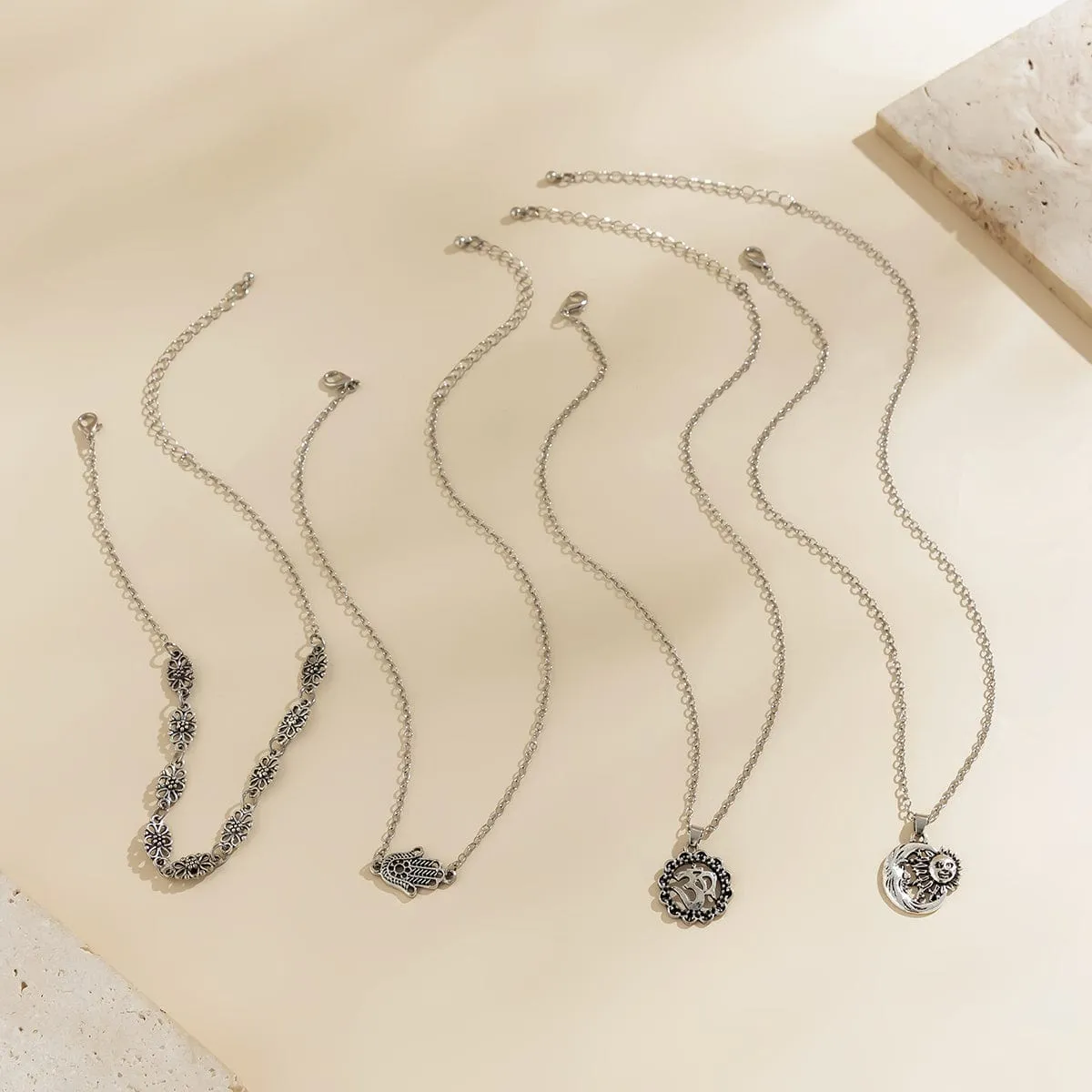 Cuban Layered Special Pattern Sun Moon Hand Pendant Chain Necklace Set