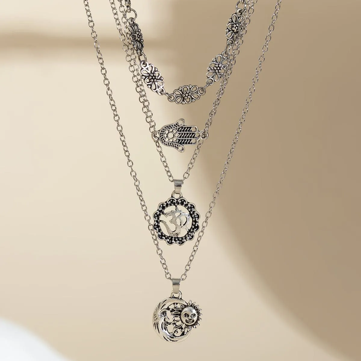 Cuban Layered Special Pattern Sun Moon Hand Pendant Chain Necklace Set