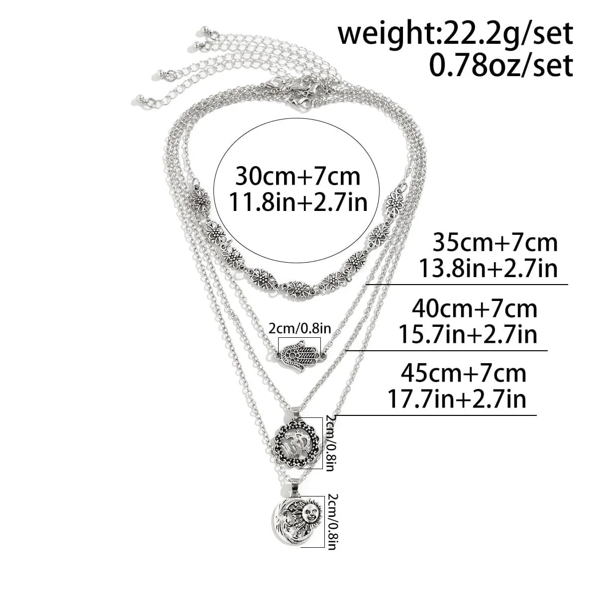 Cuban Layered Special Pattern Sun Moon Hand Pendant Chain Necklace Set