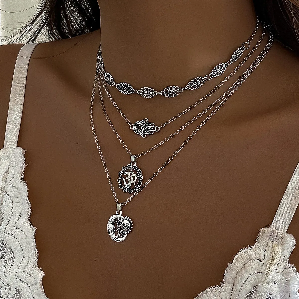 Cuban Layered Special Pattern Sun Moon Hand Pendant Chain Necklace Set