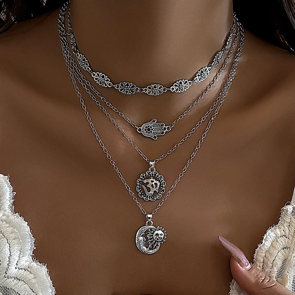 Cuban Layered Special Pattern Sun Moon Hand Pendant Chain Necklace Set