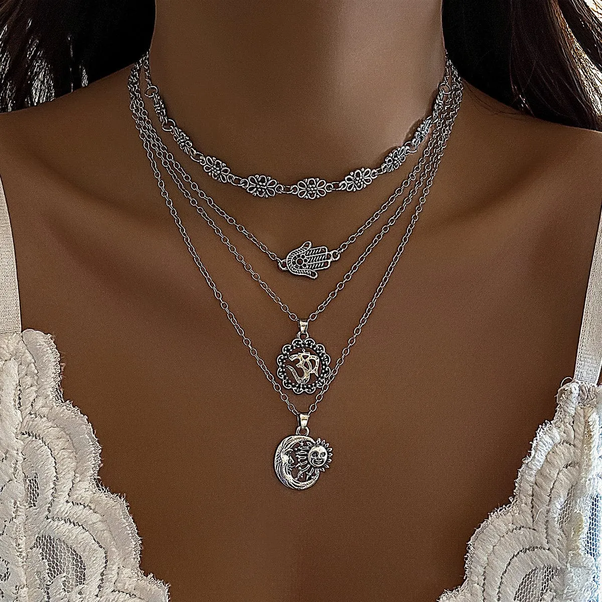 Cuban Layered Special Pattern Sun Moon Hand Pendant Chain Necklace Set