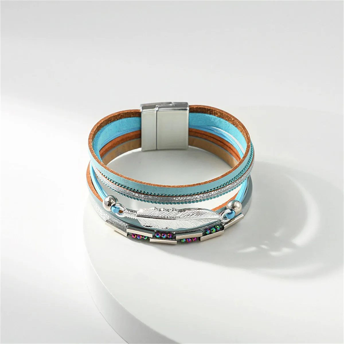 Cubic Zirconia & Blue Polystyrene Silver-Plated Layered Leaf Charm Bracelet
