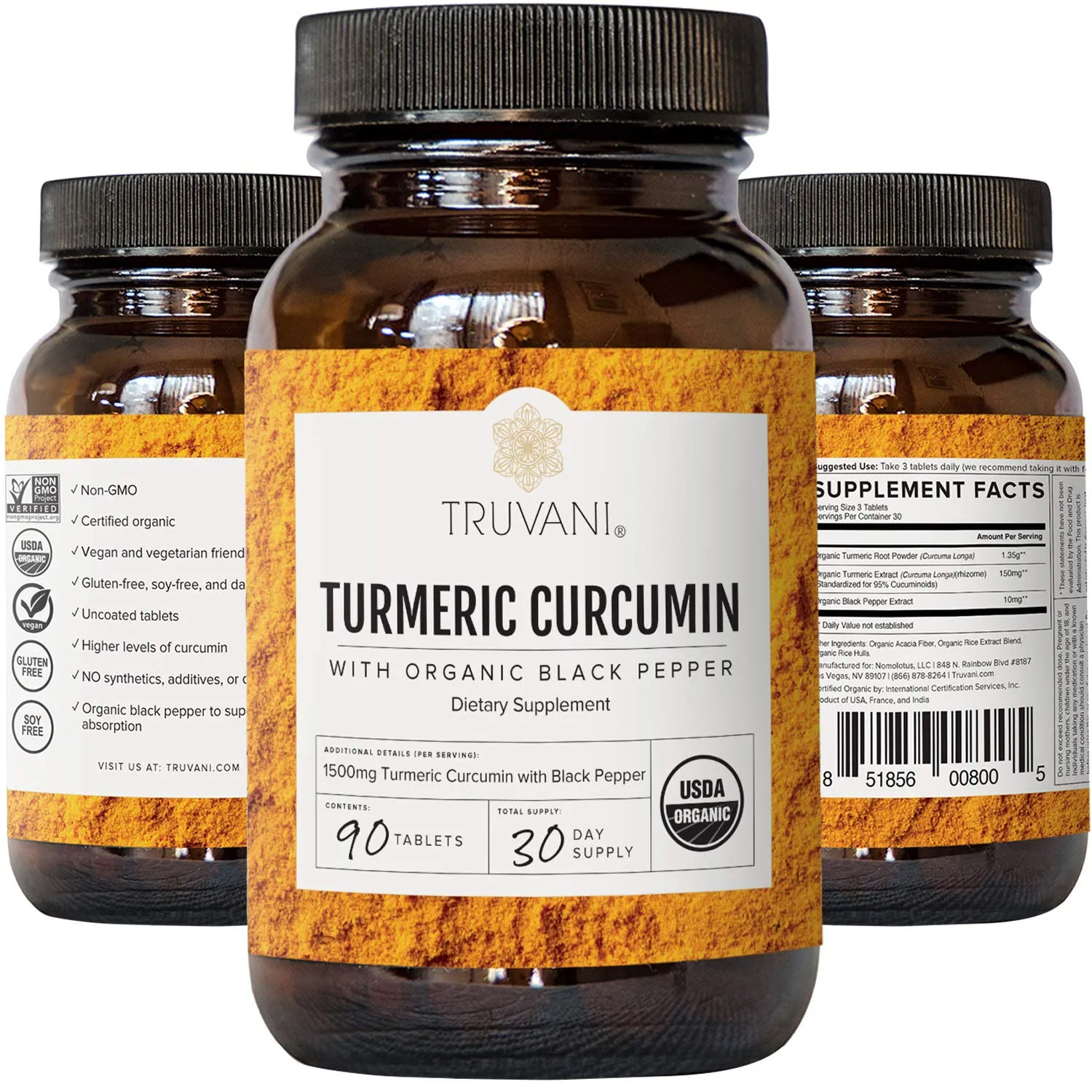Curcumina de cúrcuma orgánica TRUVANI, polvo de raíz de cúrcuma, con pimienta negra para una mejor absorción, antiinflamatorio, soporte para articulaciones y alivio del estrés, 30 porciones (el embalaje puede variar)