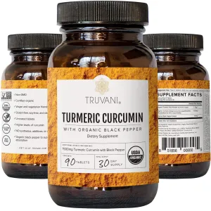 Curcumina de cúrcuma orgánica TRUVANI, polvo de raíz de cúrcuma, con pimienta negra para una mejor absorción, antiinflamatorio, soporte para articulaciones y alivio del estrés, 30 porciones (el embalaje puede variar)