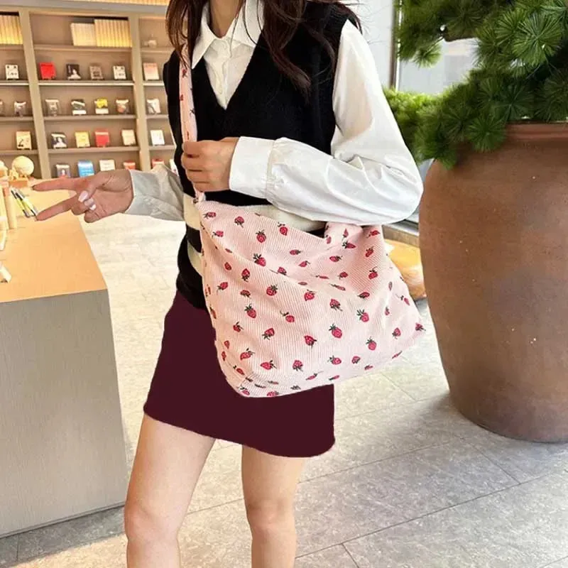 Cute Strawberry Print Corduroy Bucket Bag 🍓✨ | Stylish Pleated Crossbody Messenger Handbag for Women 💖