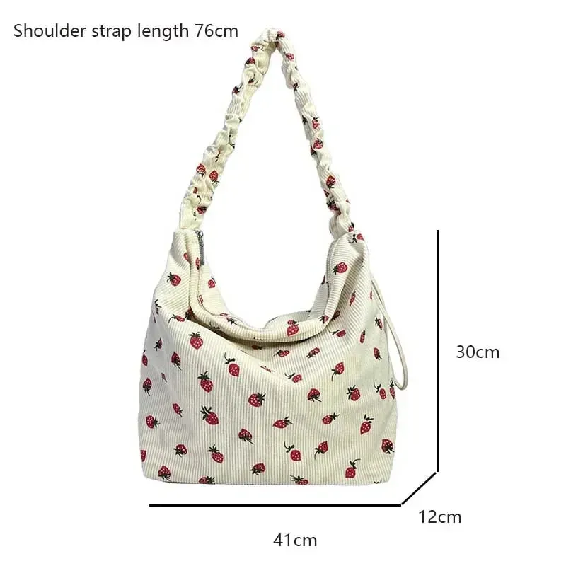Cute Strawberry Print Corduroy Bucket Bag 🍓✨ | Stylish Pleated Crossbody Messenger Handbag for Women 💖