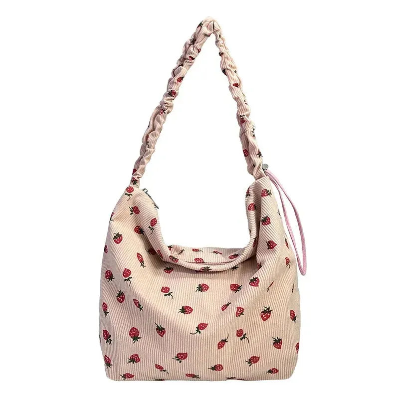 Cute Strawberry Print Corduroy Bucket Bag 🍓✨ | Stylish Pleated Crossbody Messenger Handbag for Women 💖