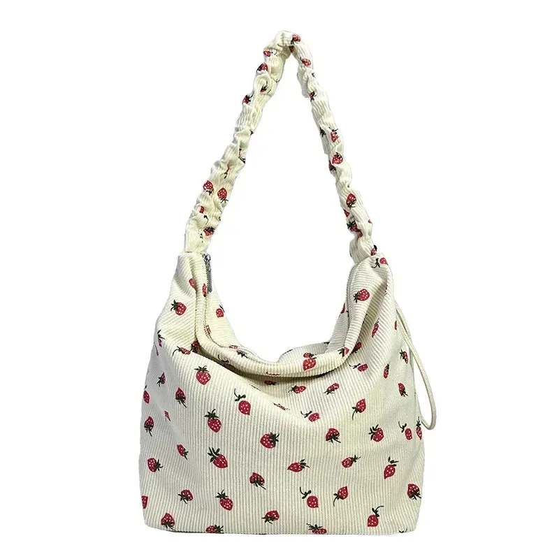 Cute Strawberry Print Corduroy Bucket Bag 🍓✨ | Stylish Pleated Crossbody Messenger Handbag for Women 💖